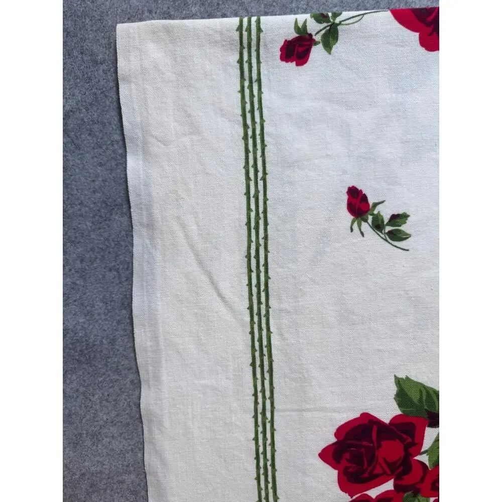 Vintage Red Rose Floral Tablecloth Cottagecore Farmhouse White 45x48